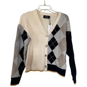 Cider Cream Ribbed Argyle Knit Button Up V-Neck Cardigan Sweater Size S NWT